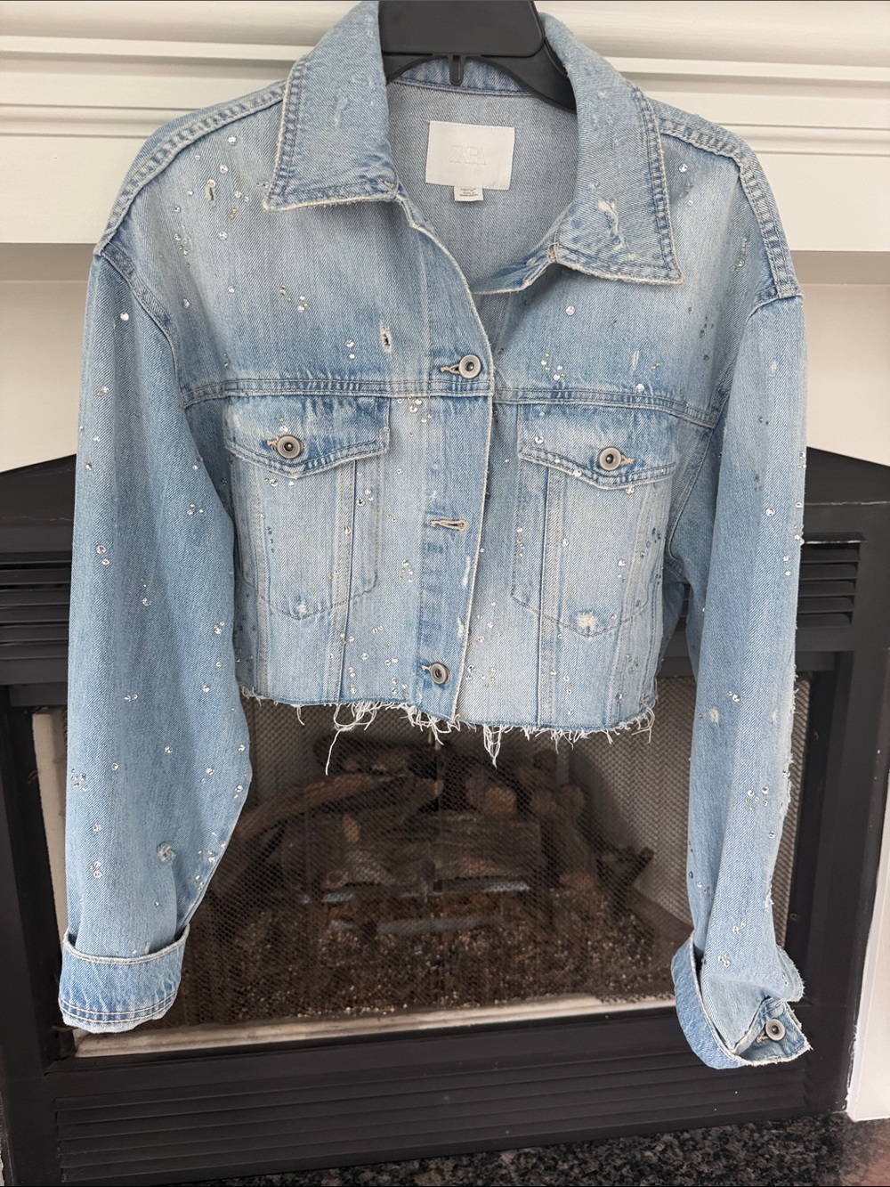 Zara Light Blue Cropped Distressed Denim Jacket with Rhinestone Accents